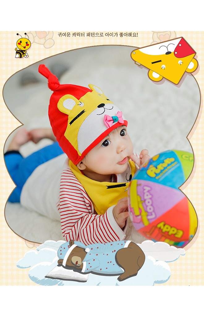 หมวกเด็กหน้าหมีหลับแต่งโบว์น่ารักมาพร้อมผ้ากันเปื้อนลายเข้าชุดกัน Lemonkid