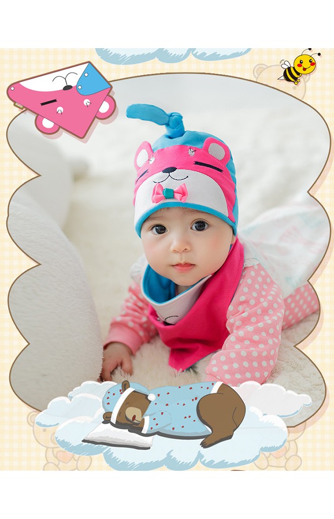 หมวกเด็กหน้าหมีหลับแต่งโบว์น่ารักมาพร้อมผ้ากันเปื้อนลายเข้าชุดกัน Lemonkid