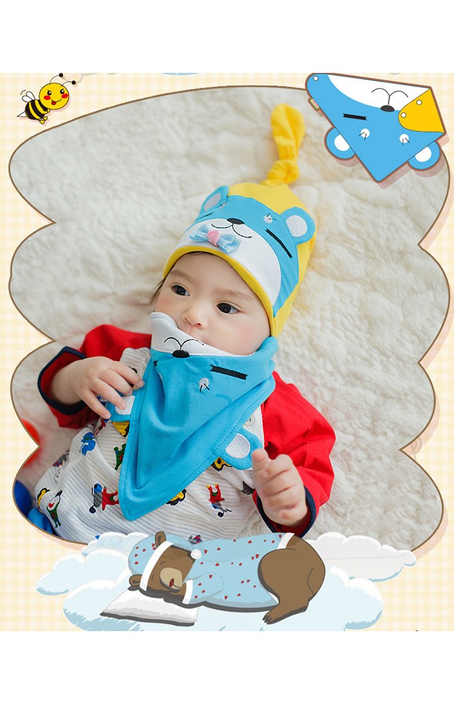 หมวกเด็กหน้าหมีหลับแต่งโบว์น่ารักมาพร้อมผ้ากันเปื้อนลายเข้าชุดกัน Lemonkid