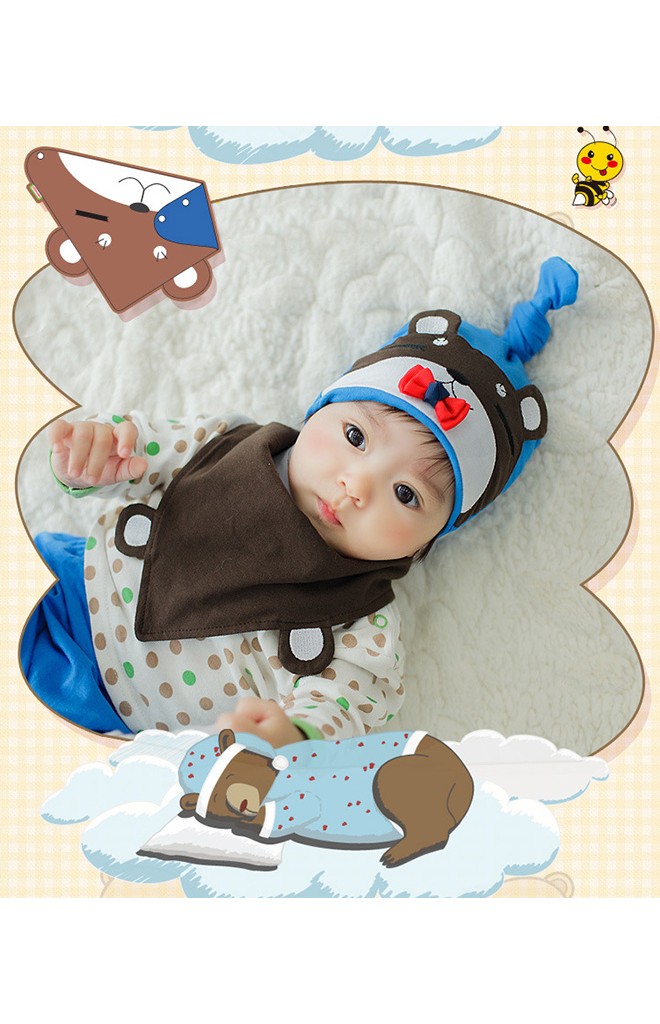 หมวกเด็กหน้าหมีหลับแต่งโบว์น่ารักมาพร้อมผ้ากันเปื้อนลายเข้าชุดกัน Lemonkid