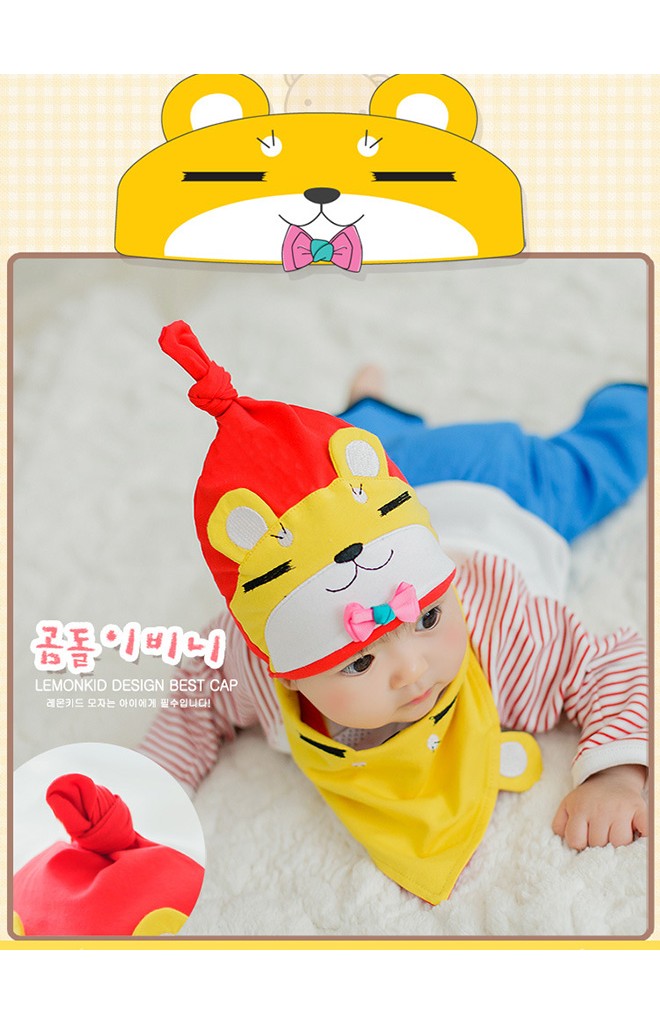 หมวกเด็กหน้าหมีหลับแต่งโบว์น่ารักมาพร้อมผ้ากันเปื้อนลายเข้าชุดกัน Lemonkid