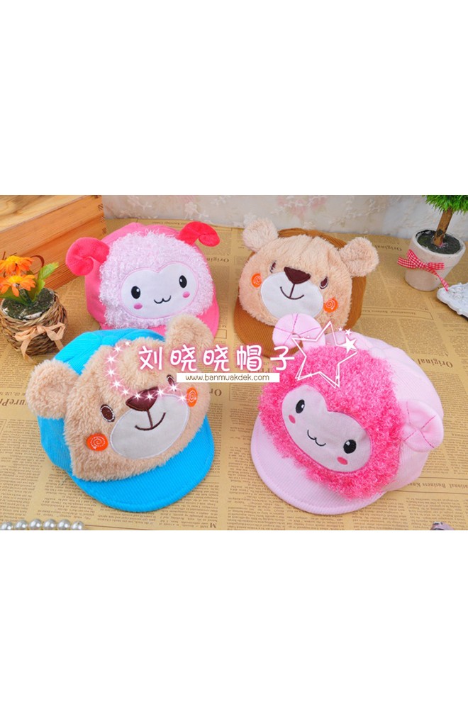 หมวกแก๊ปผ้าลูกฟูกแต่งหน้ารูปหมีและแกะ