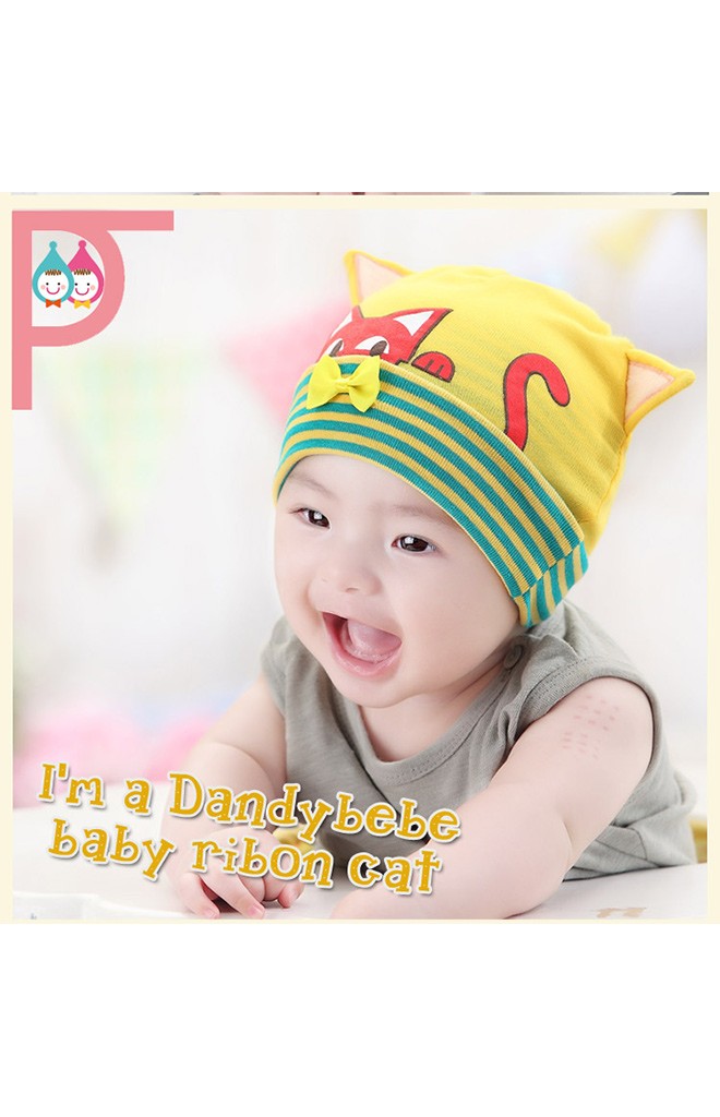 หมวกเด็กเล็กสกรีนรูปแมว แต่งหูและโบว์น่ารัก ยี่ห้อ DANDYBEBE