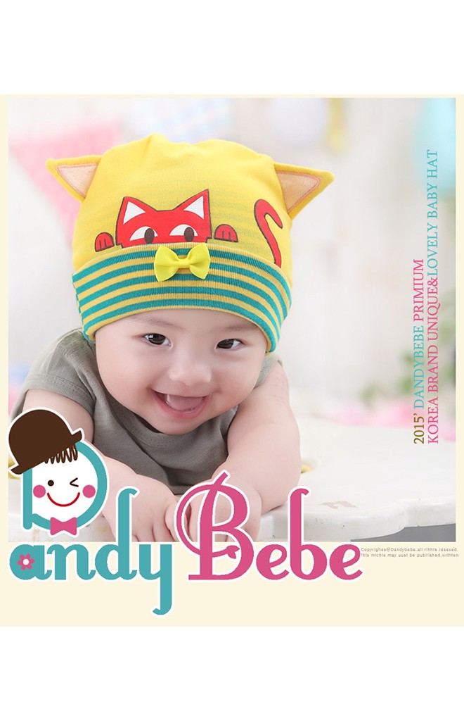 หมวกเด็กเล็กสกรีนรูปแมว แต่งหูและโบว์น่ารัก ยี่ห้อ DANDYBEBE
