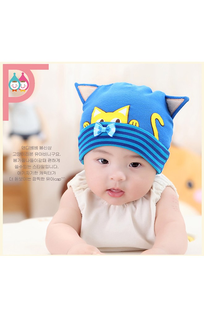 หมวกเด็กเล็กสกรีนรูปแมว แต่งหูและโบว์น่ารัก ยี่ห้อ DANDYBEBE