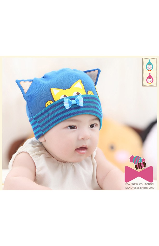 หมวกเด็กเล็กสกรีนรูปแมว แต่งหูและโบว์น่ารัก ยี่ห้อ DANDYBEBE