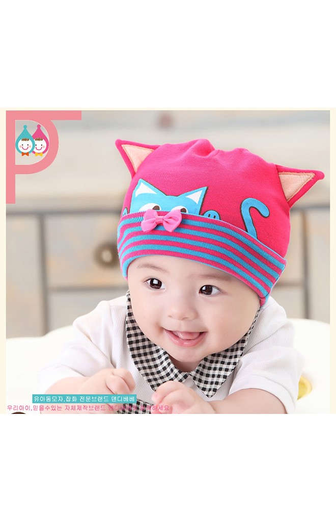 หมวกเด็กเล็กสกรีนรูปแมว แต่งหูและโบว์น่ารัก ยี่ห้อ DANDYBEBE