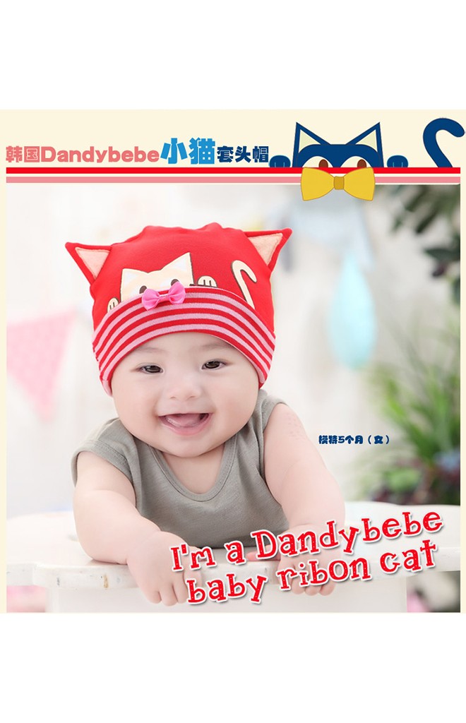 หมวกเด็กเล็กสกรีนรูปแมว แต่งหูและโบว์น่ารัก ยี่ห้อ DANDYBEBE