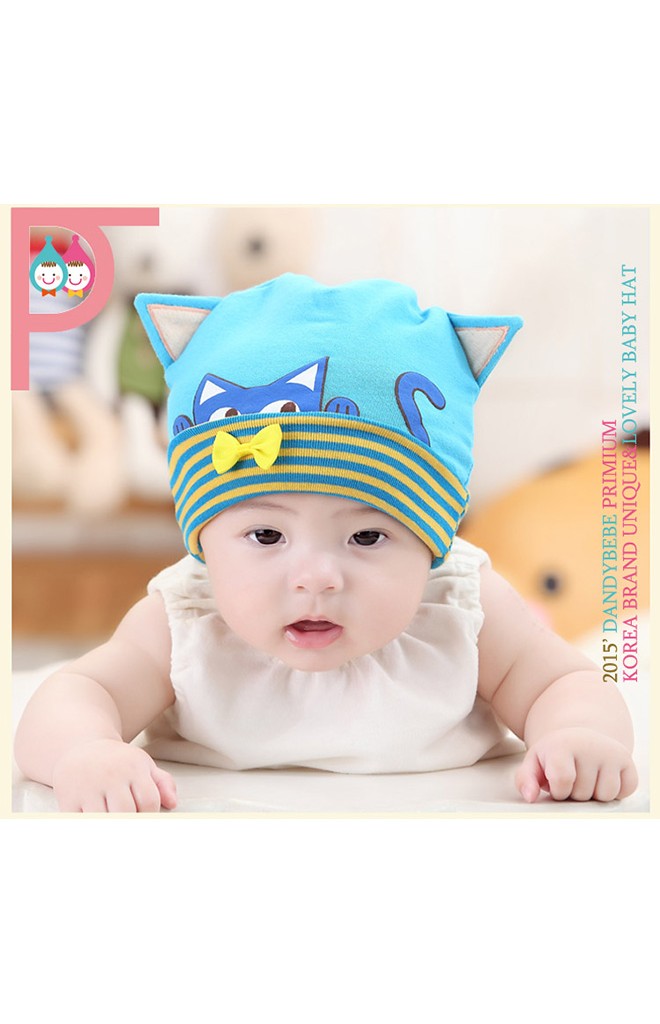 หมวกเด็กเล็กสกรีนรูปแมว แต่งหูและโบว์น่ารัก ยี่ห้อ DANDYBEBE