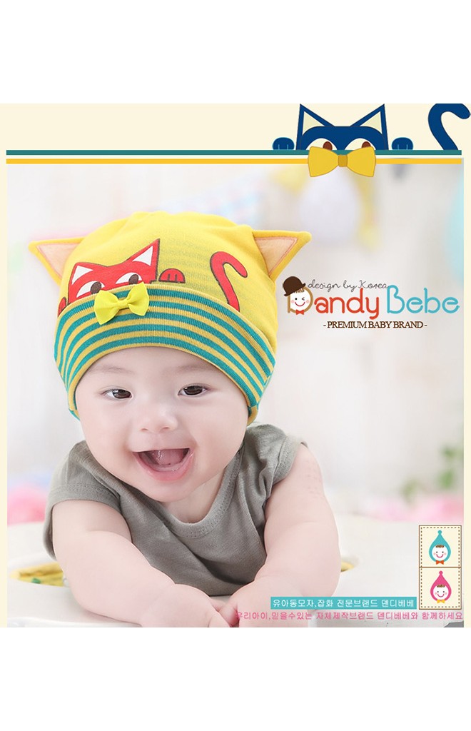 หมวกเด็กเล็กสกรีนรูปแมว แต่งหูและโบว์น่ารัก ยี่ห้อ DANDYBEBE