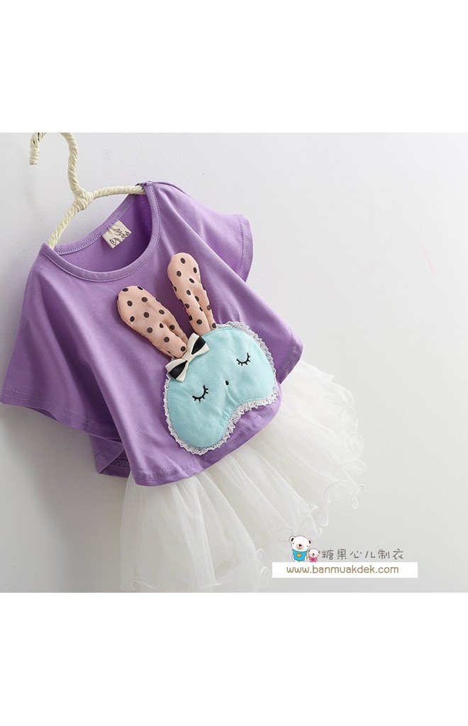 ชุดเด็ก 2 ชิ้น ชุดตัวในสีขาวสายเดี่ยว ตัวเสื้อปีกค้างคาวแต่งกระต่าย