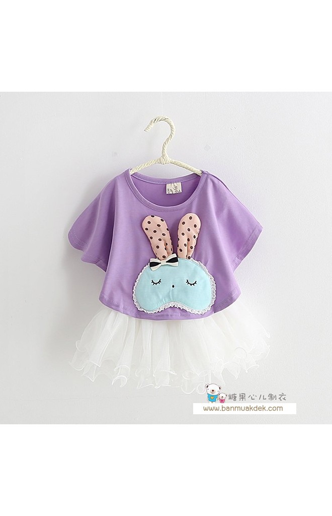 ชุดเด็ก 2 ชิ้น ชุดตัวในสีขาวสายเดี่ยว ตัวเสื้อปีกค้างคาวแต่งกระต่าย