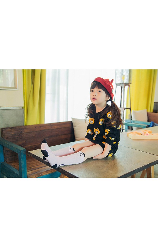 ถุงเท้าเด็ก สีขาวลายหนู สีชมพูลายแมวแบบยาว ไม่มีกันลื่น