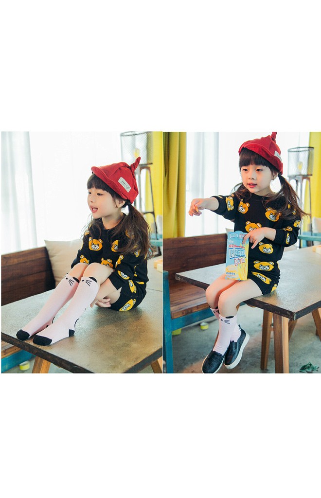 ถุงเท้าเด็ก สีขาวลายหนู สีชมพูลายแมวแบบยาว ไม่มีกันลื่น