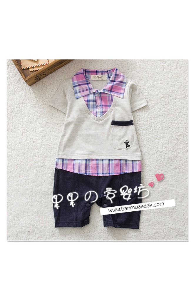 ชุดจั๊มสูทเด็กชาย ตัวเสื้อคอปกเชิ็ตลายสก๊อต