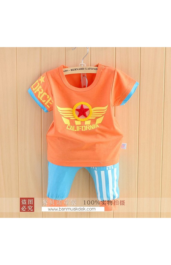 ชุดเด็กเซ็ต 2 ชิ้น เสื้อสกรีน CALIFORNIA กับ กางเกงสีฟ้าลายเข้าชุดกัน