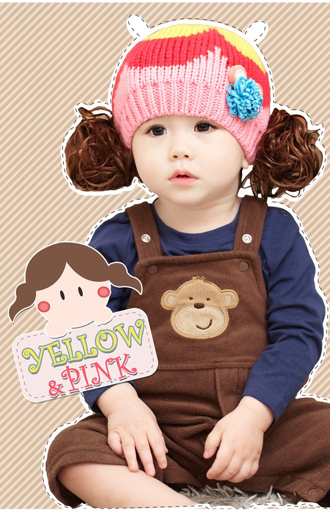 หมวกไหมพรมเด็กแต่งปอยผม หมวกทอไล่สีแต่งดอกไม้เล็กๆ GZMM