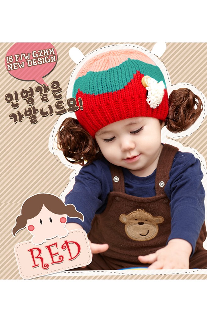 หมวกไหมพรมเด็กแต่งปอยผม หมวกทอไล่สีแต่งดอกไม้เล็กๆ GZMM
