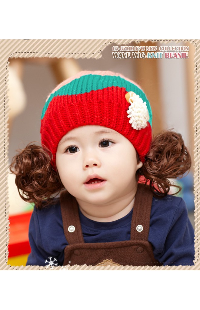 หมวกไหมพรมเด็กแต่งปอยผม หมวกทอไล่สีแต่งดอกไม้เล็กๆ GZMM