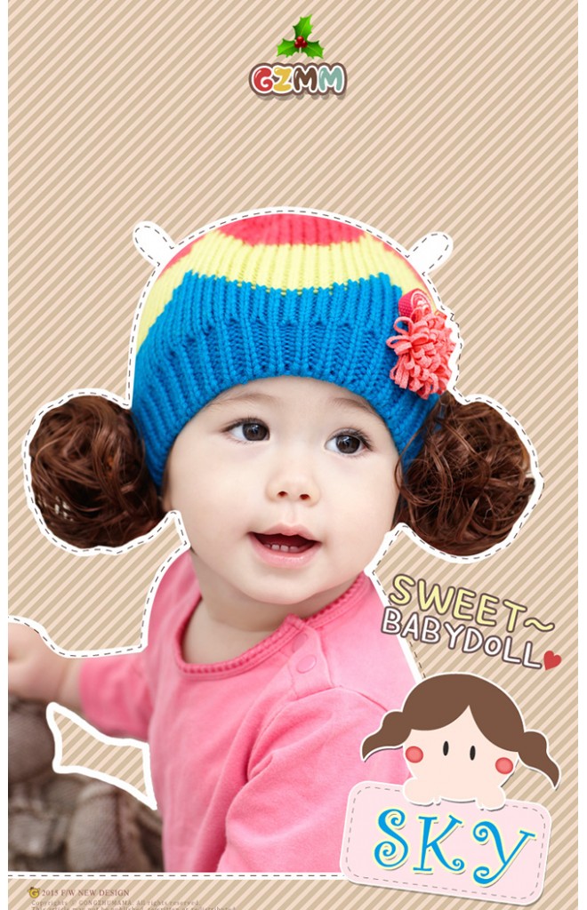 หมวกไหมพรมเด็กแต่งปอยผม หมวกทอไล่สีแต่งดอกไม้เล็กๆ GZMM