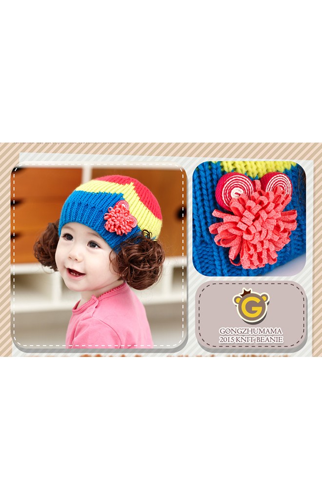 หมวกไหมพรมเด็กแต่งปอยผม หมวกทอไล่สีแต่งดอกไม้เล็กๆ GZMM