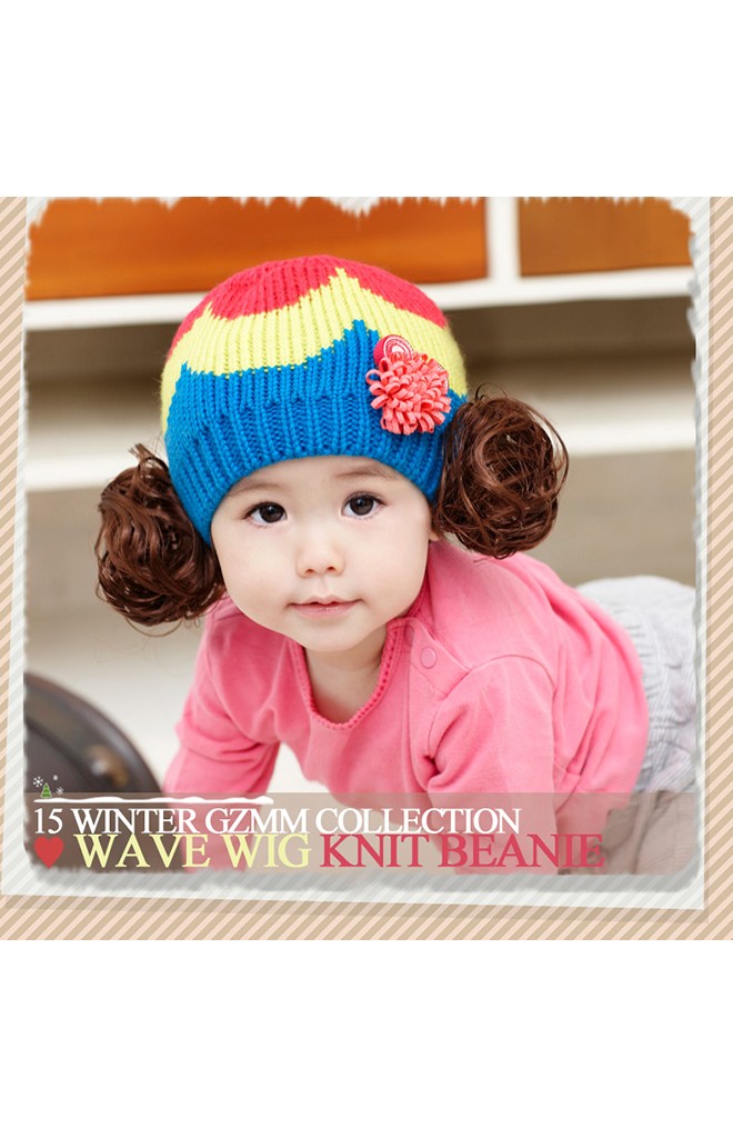 หมวกไหมพรมเด็กแต่งปอยผม หมวกทอไล่สีแต่งดอกไม้เล็กๆ GZMM