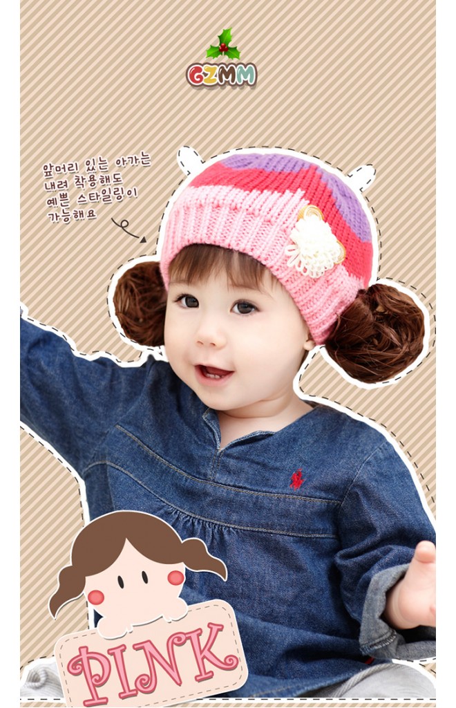 หมวกไหมพรมเด็กแต่งปอยผม หมวกทอไล่สีแต่งดอกไม้เล็กๆ GZMM