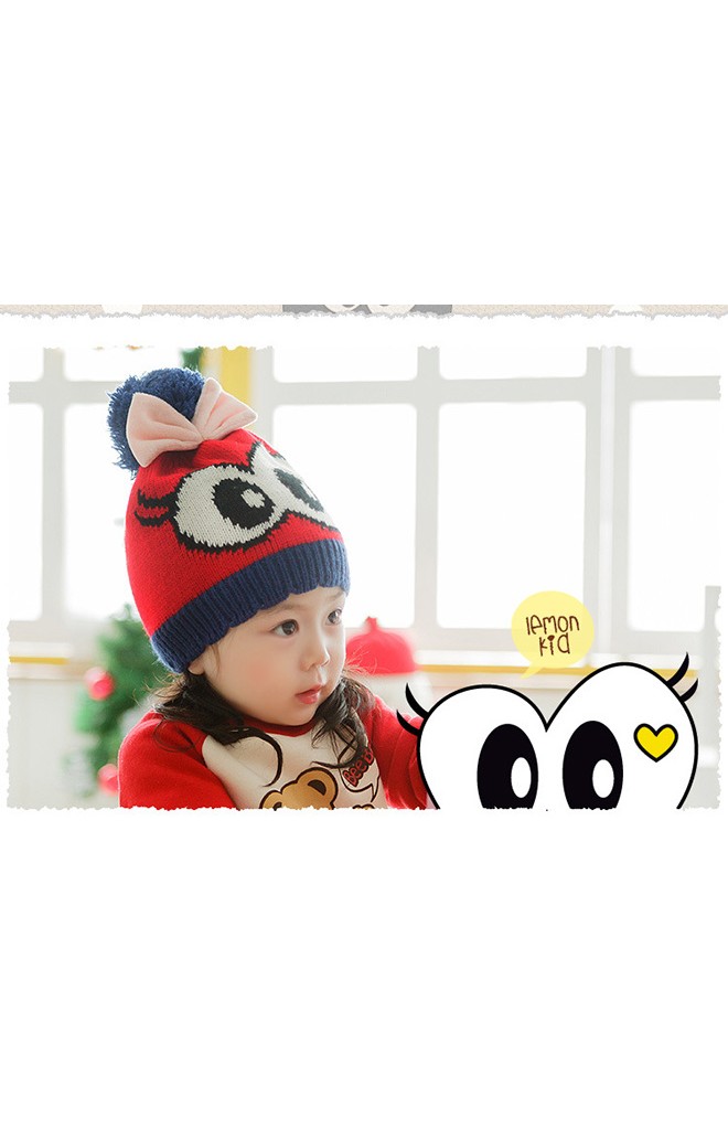 หมวกไหมพรมเด็กสาวน้อยตาโตแต่งโบว์น่ารัก Lemonkid