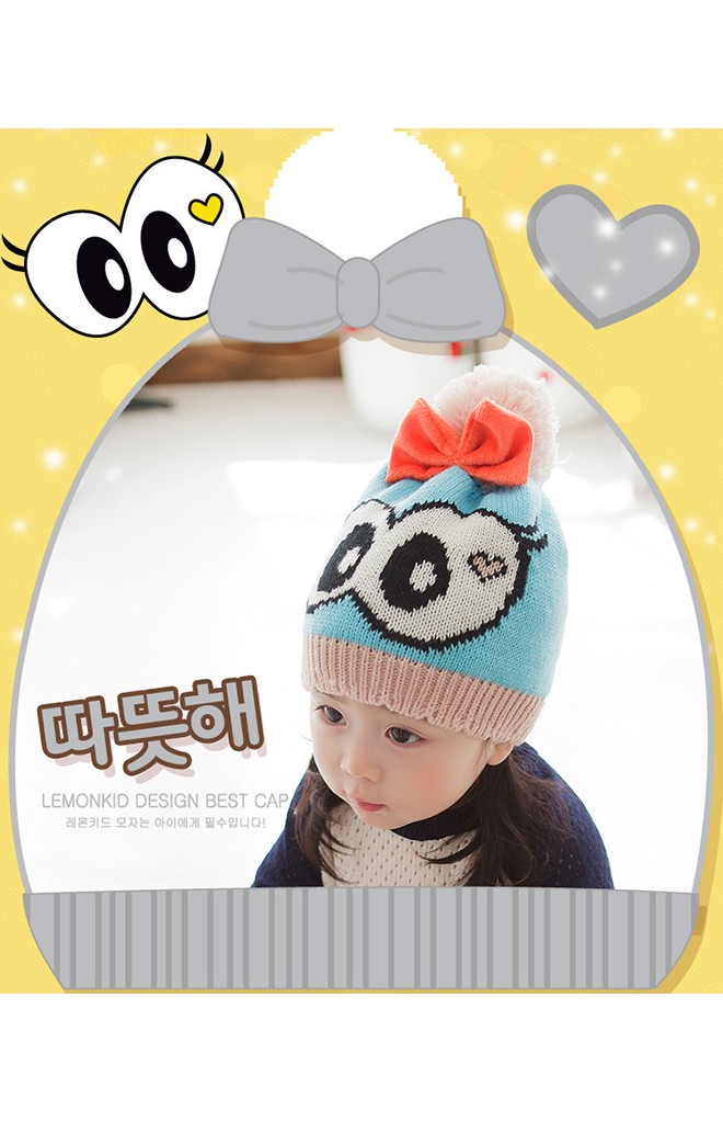 หมวกไหมพรมเด็กสาวน้อยตาโตแต่งโบว์น่ารัก Lemonkid