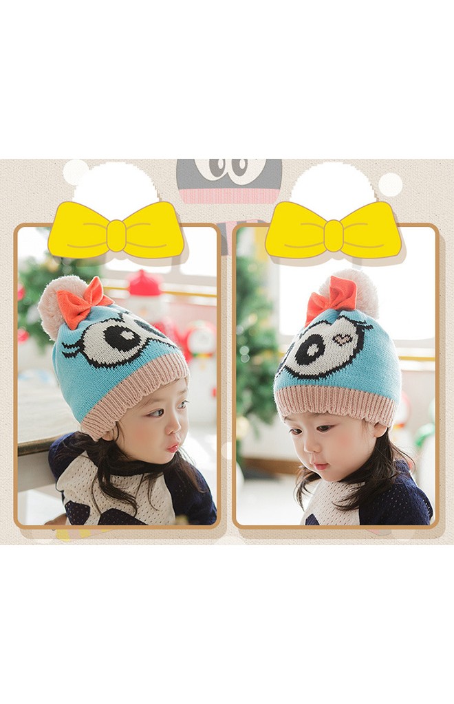 หมวกไหมพรมเด็กสาวน้อยตาโตแต่งโบว์น่ารัก Lemonkid