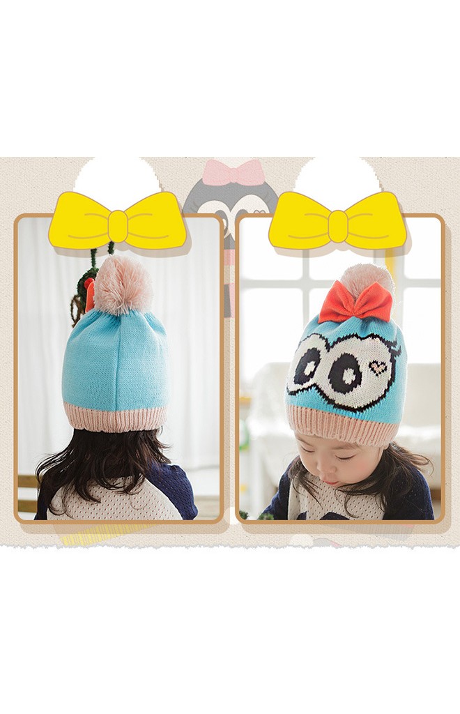 หมวกไหมพรมเด็กสาวน้อยตาโตแต่งโบว์น่ารัก Lemonkid