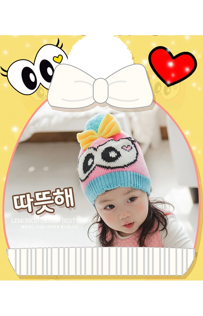 หมวกไหมพรมเด็กสาวน้อยตาโตแต่งโบว์น่ารัก Lemonkid