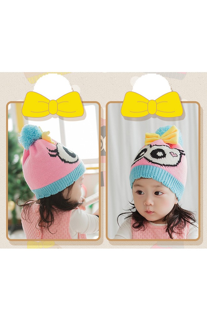 หมวกไหมพรมเด็กสาวน้อยตาโตแต่งโบว์น่ารัก Lemonkid