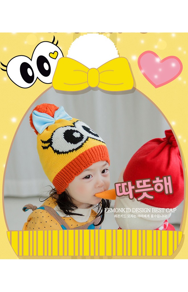 หมวกไหมพรมเด็กสาวน้อยตาโตแต่งโบว์น่ารัก Lemonkid