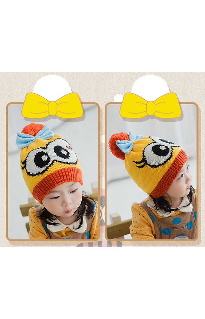 หมวกไหมพรมเด็กสาวน้อยตาโตแต่งโบว์น่ารัก Lemonkid