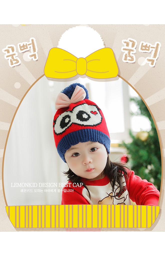 หมวกไหมพรมเด็กสาวน้อยตาโตแต่งโบว์น่ารัก Lemonkid
