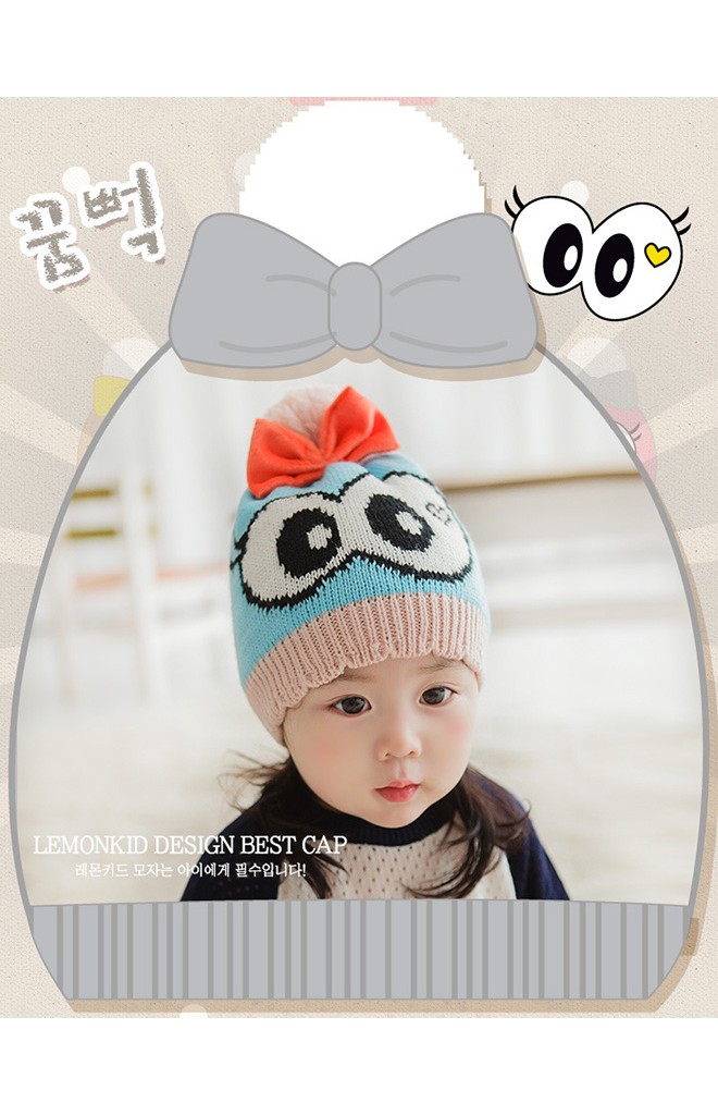 หมวกไหมพรมเด็กสาวน้อยตาโตแต่งโบว์น่ารัก Lemonkid