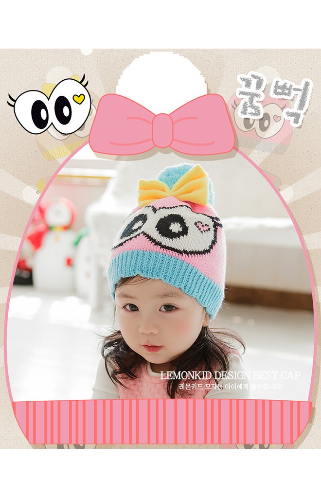 หมวกไหมพรมเด็กสาวน้อยตาโตแต่งโบว์น่ารัก Lemonkid