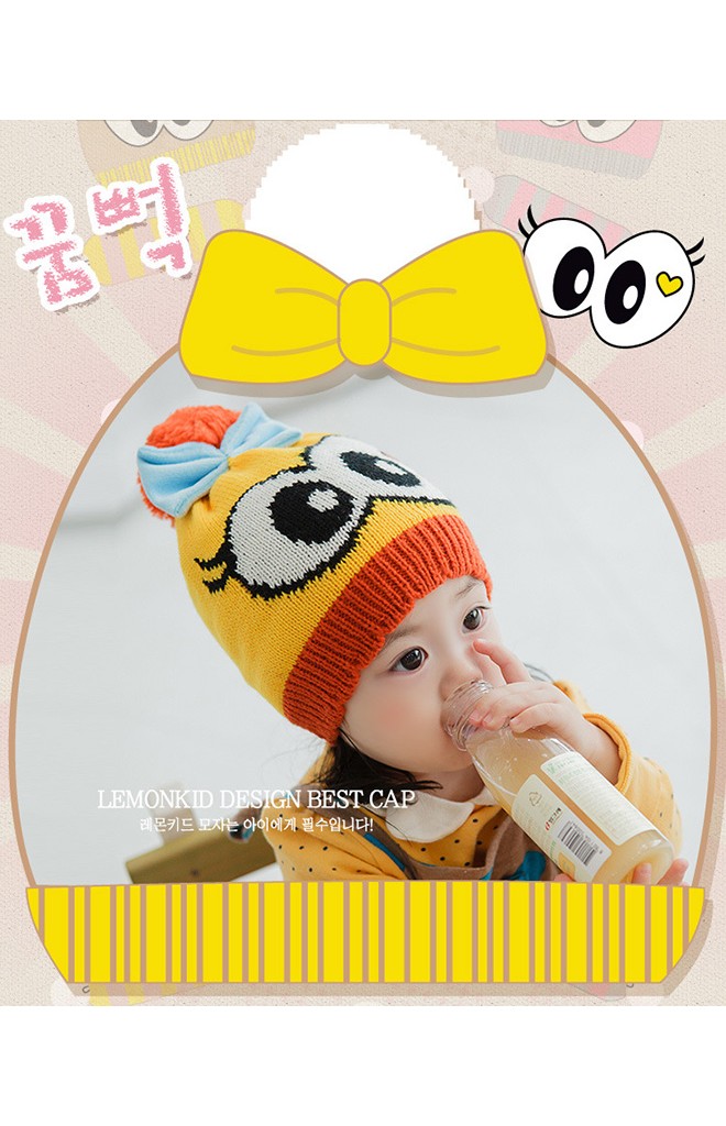 หมวกไหมพรมเด็กสาวน้อยตาโตแต่งโบว์น่ารัก Lemonkid