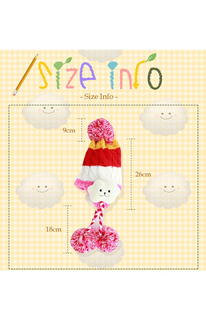 หมวกไหมพรมลายรุ้งสลับสี ด้านข้างหูแต่งตุ๊กตาเมฆน้อย ห้อยปอมปอม kocotree