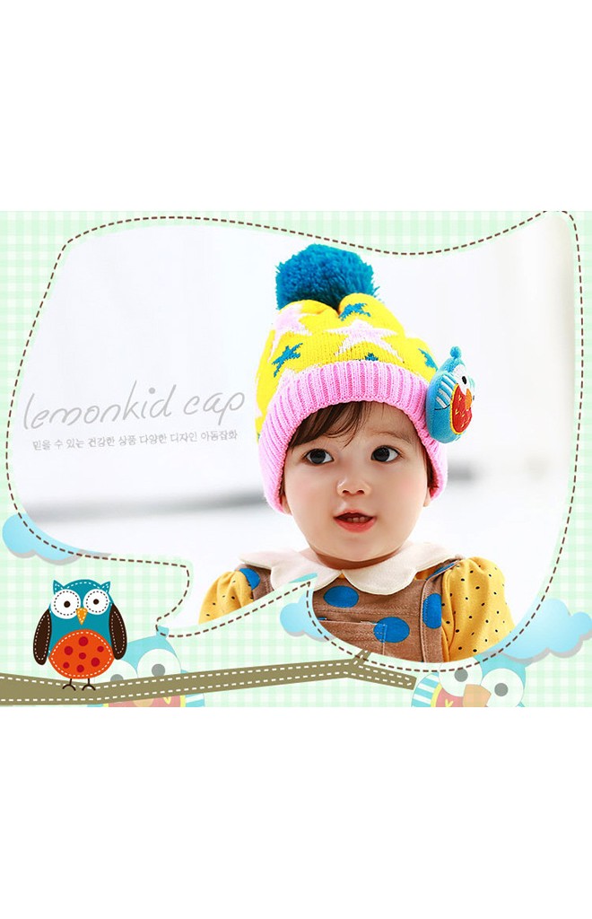 หมวกไหมพรมเด็กลายดาวแต่งนกฮูก Lemonkid