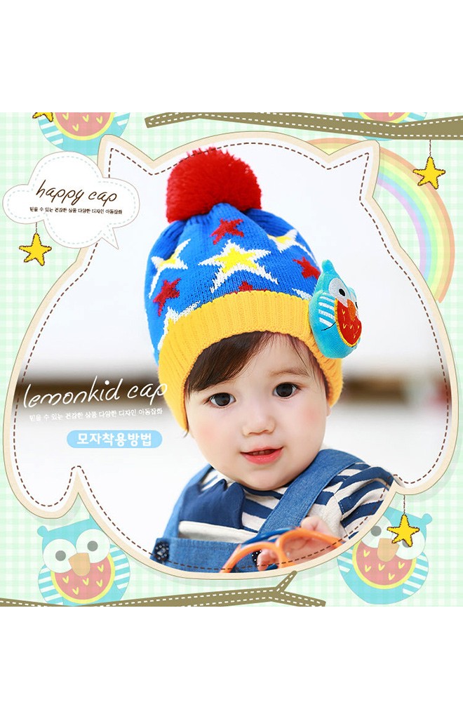 หมวกไหมพรมเด็กลายดาวแต่งนกฮูก Lemonkid