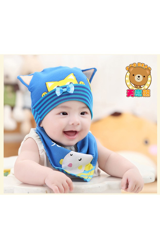 เซ็ตหมวกเด็กเล็กสกรีนรูปแมว มาพร้อมผ้ากันเปื้อน DANDYBEBE
