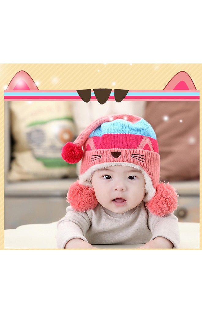 หมวกไหมพรมแมวเหมียว ด้านบนมีหางยาวและแต่งปอมปอม