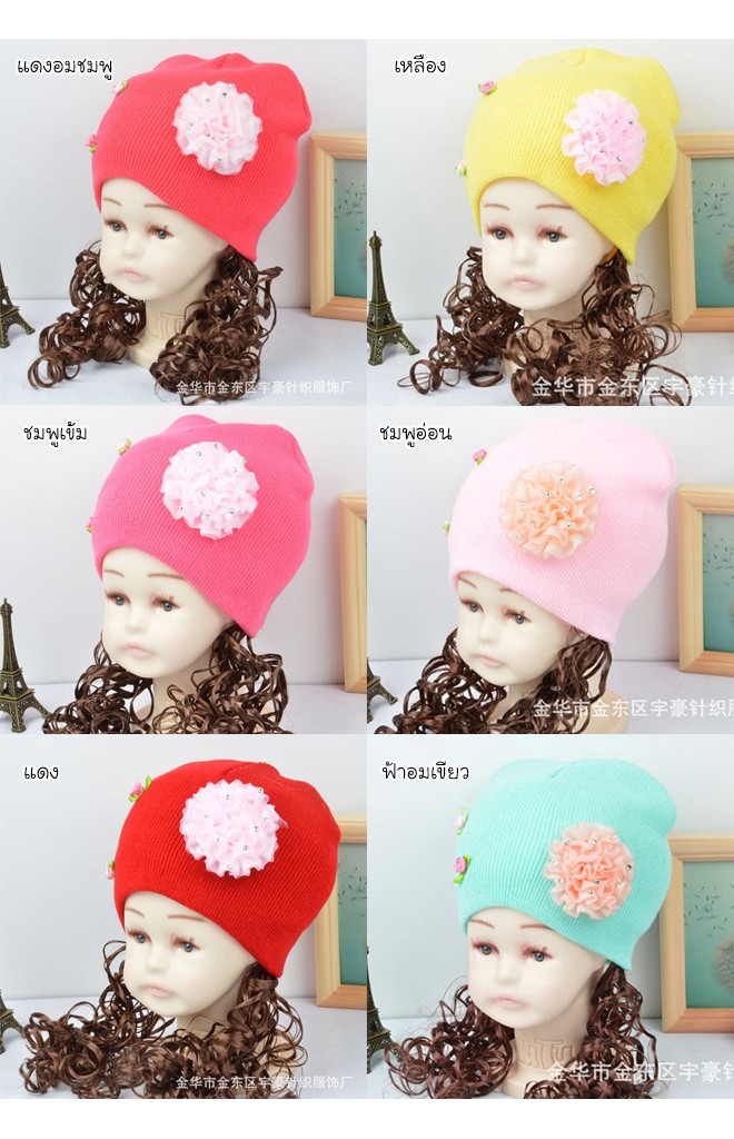 หมวกเด็กหญิงปอยผมยาวประบ่า แต่งดอกไม้น่ารักๆ