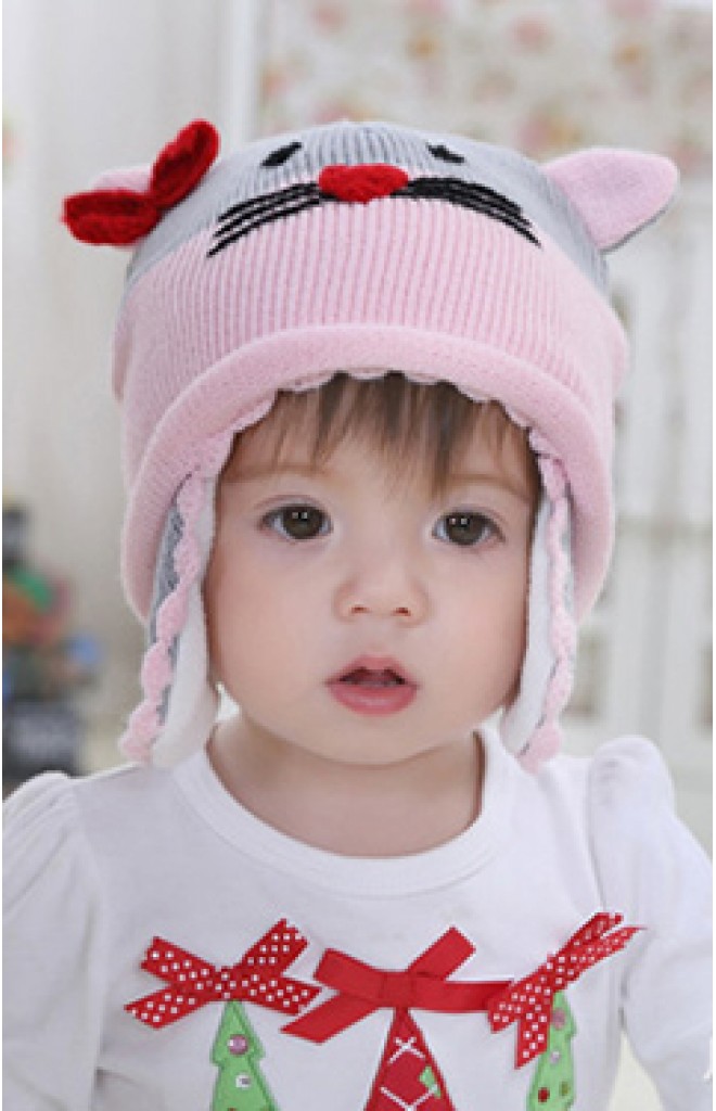หมวกไหมพรมแมวน่ารัก สีชมพูสลับเทา แต่งโบว์แดง หมวกไหมพรมแมวน่ารัก สีชมพูสลับเทา แต่งโบว์แดง