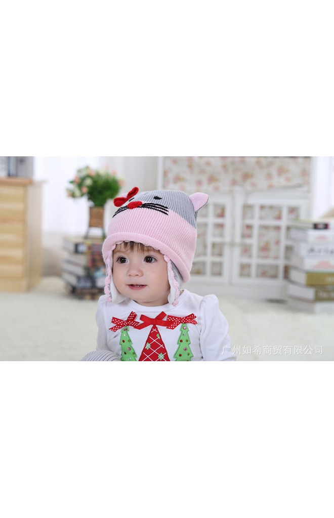 หมวกไหมพรมแมวน่ารัก สีชมพูสลับเทา แต่งโบว์แดง