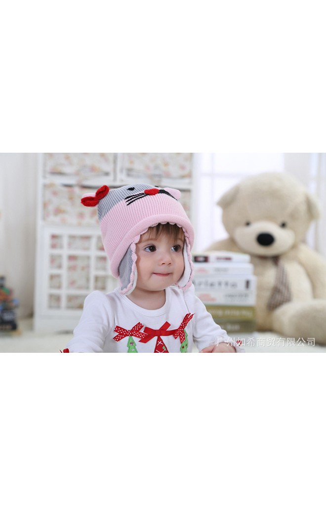 หมวกไหมพรมแมวน่ารัก สีชมพูสลับเทา แต่งโบว์แดง