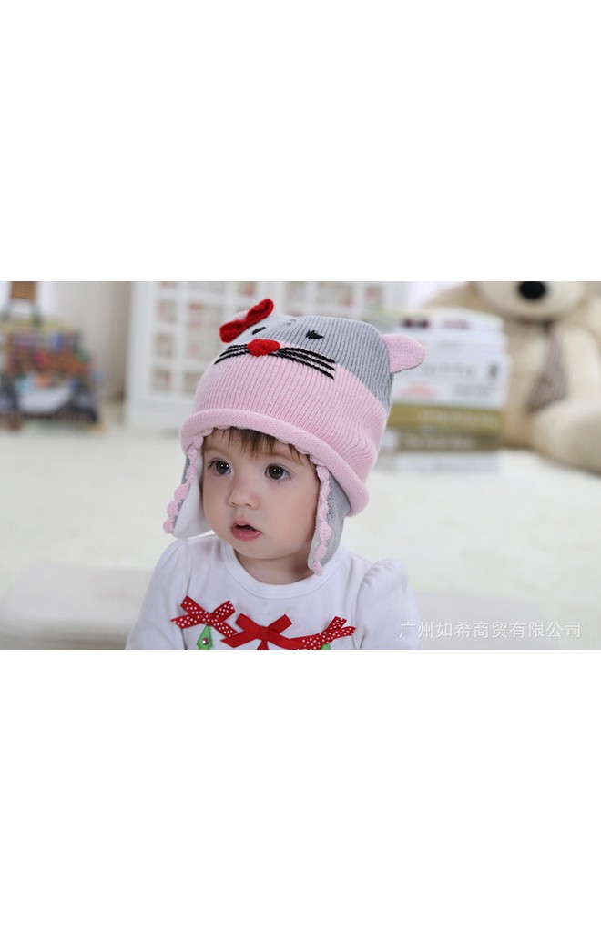 หมวกไหมพรมแมวน่ารัก สีชมพูสลับเทา แต่งโบว์แดง
