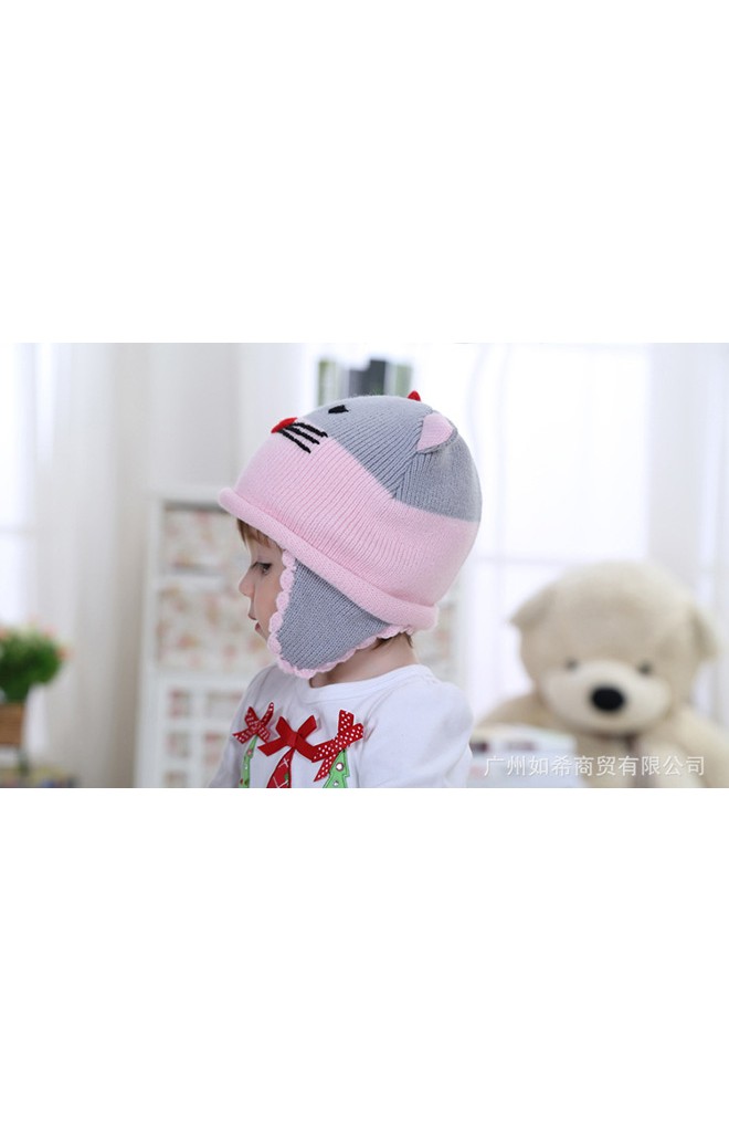หมวกไหมพรมแมวน่ารัก สีชมพูสลับเทา แต่งโบว์แดง